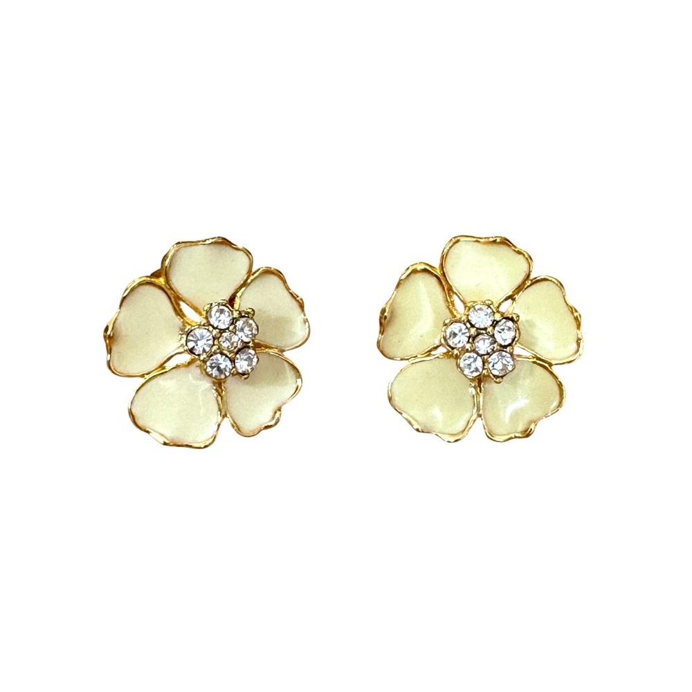 Vintage clips on earrings, floral enamel and cz